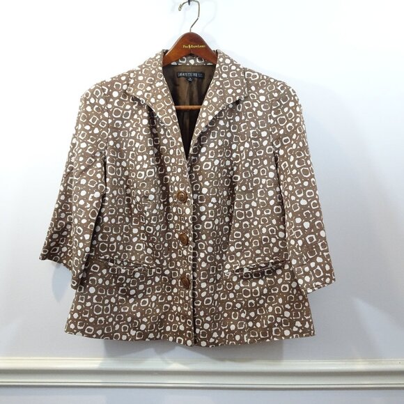 Lafayette 148 Brown Cotton Blazer Size 14 Abstract Print 3/4 Sleeves Boxy Career - Picture 1 of 8